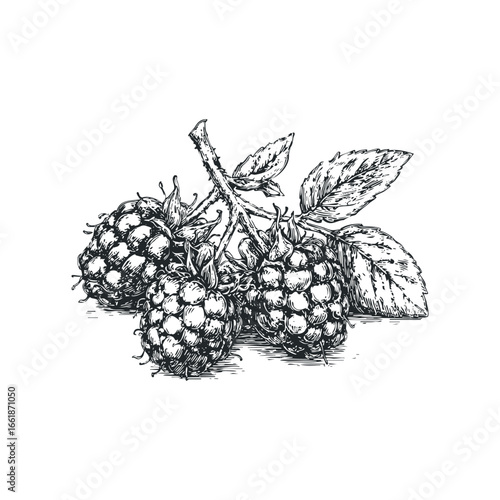 Ink drawing of ripe raspberries on a branch with leaves