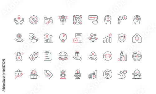Employee benefits and incentives, financial compensation, gifts and perks line icon set. Mental health care, ESOP, meal break and bonuses thin black and red outline symbols vector illustration