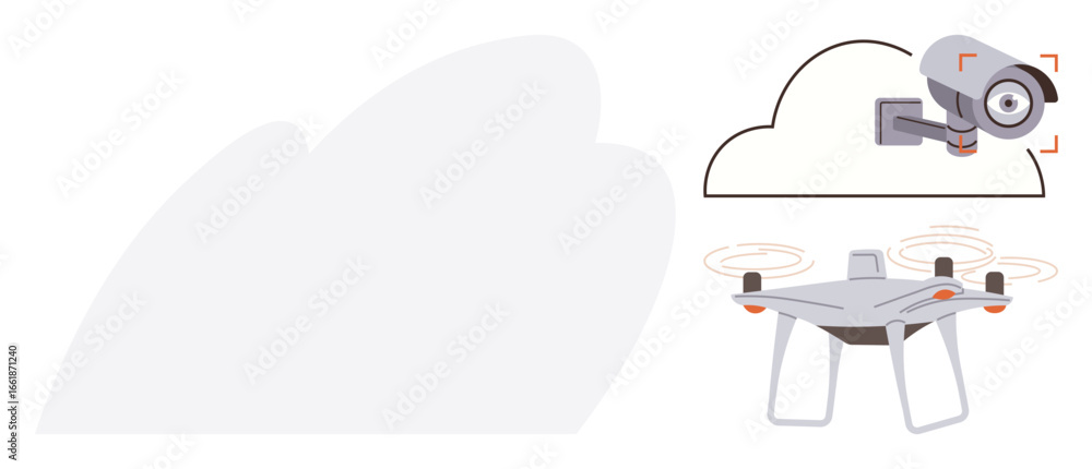 Surveillance camera connected to cloud and surveillance drone flying with active rotors. Ideal for security, technology, monitoring, automation, innovation, privacy, data. A simple flat metaphor Surveillance camera connected to cloud and surveillance drone flying with active rotors. Ideal for security, technology, monitoring, automation, innovation, privacy, data. A simple flat metaphor