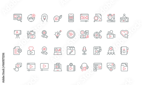 Content creation and branding, portfolio and creativity of author, multimedia line icon set. Blogger and vlogger, audience engagement, marketing thin black and red outline symbols vector illustration