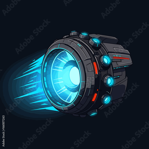 Futuristic propulsion device emitting blue light while traveling through a dark space environment