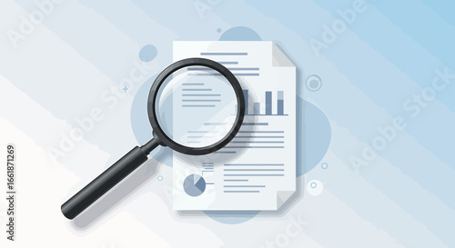 A magnifying glass over a document with graphs and charts, symbolizing analysis and research