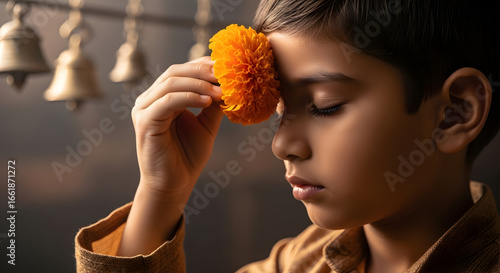 Young indian boy praying with marigold flower in hand during hindu temple ritual symbol of devotion spirituality and indian culture