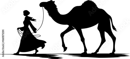 silhouette illustration of a woman leading a camel by a rope