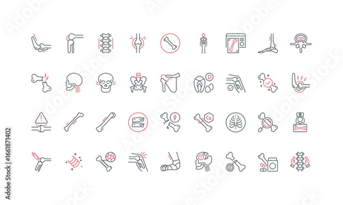 Human bones and joints of skeleton, orthopedic prevention, treatment and physiotherapy line icon set. Vitamin D and calcium for strength, anatomy thin black and red outline symbols vector illustration
