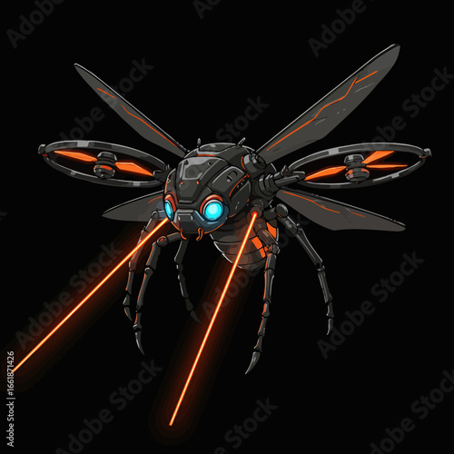 Futuristic robotic insect with glowing blue eyes and laser beams, hovering in a dark environment