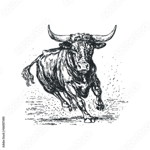 Powerful Bull Running with Hooves Kicking Dust and Dirt