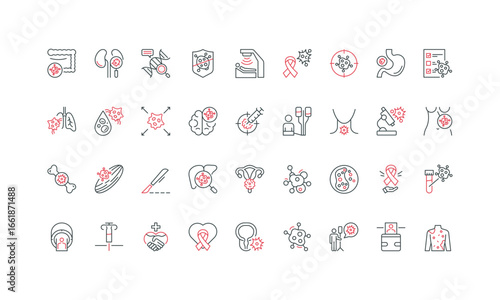 Oncology, cancer diagnosis and treatment line icon set. Tumor markers and target therapy for patient, tumor cell pathology, chemotherapy thin black and red outline symbols vector illustration