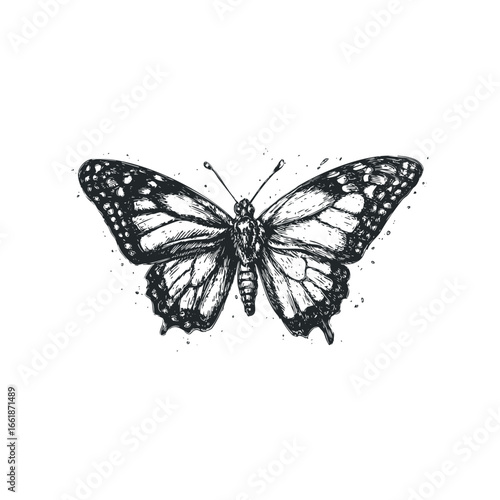 Detailed Line Drawing of a Monarch Butterfly with Ink Splatter Accents