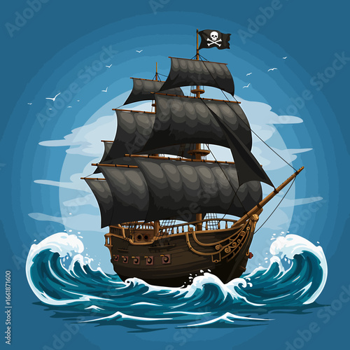 A majestic pirate ship sails through turbulent waves under a blue sky with seagulls in the background