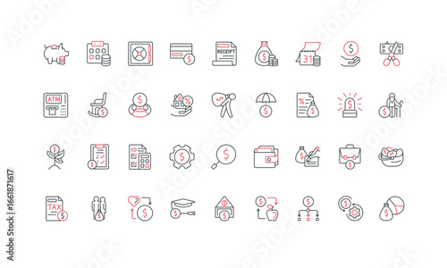 Personal finance planning, monthly payments and expense management, budget analysis, taxation icons. Family income and savings, debt management, accounting symbols in thin black and red outline style.