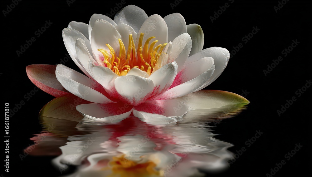 Fototapeta premium Close Up White Lotus Flower With Reflection On Dark Background