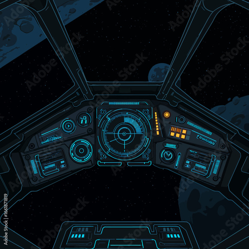 Futuristic spaceship cockpit view showcasing intricate controls and displays against a starry backdrop