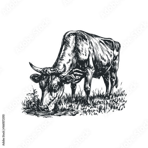 Detailed ink sketch of a cow grazing in a grassy field