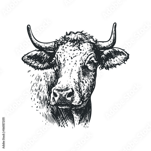 Detailed ink sketch of a cow's head with horns and textured fur