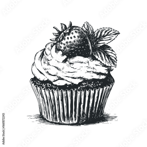 Sketch of a cupcake topped with a strawberry and leaves