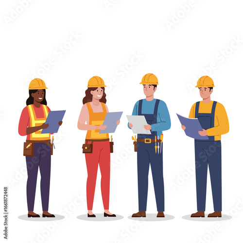 A diverse team of construction workers and engineers wearing hard hats are collaboratively reviewing blueprints and documents on a building site.
