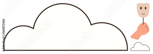 Large cloud outline with hand gripping a smiling face on a stick. Ideal for emotions, anonymity, technology, social media, self-expression, identity, psychological concepts. Clean simple flat