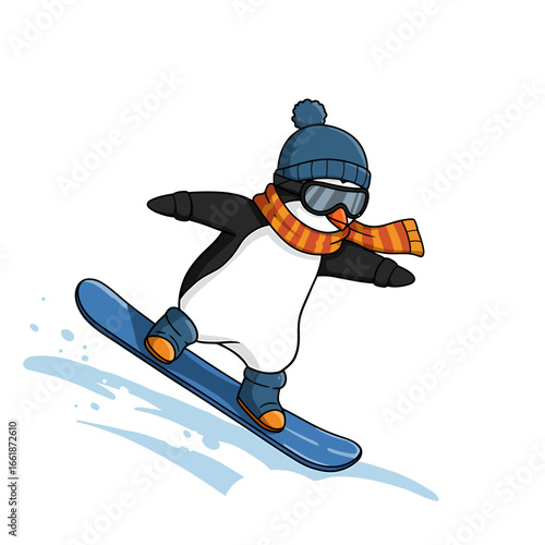 A playful penguin snowboarding down a slope, wearing a blue hat and orange scarf against a snowy backdrop