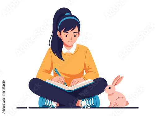 Quiet Muse: A young woman, engrossed in her writing, finds inspiration in the presence of a gentle bunny. This intimate scene reveals the magic of creative solitude, ideal for authors and dreamers.