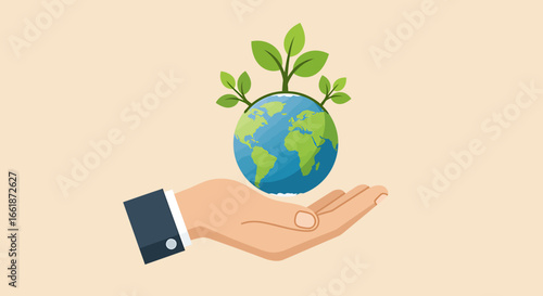 Hand holding a small globe with green plants growing from it, symbolizing environmental care and sustainability