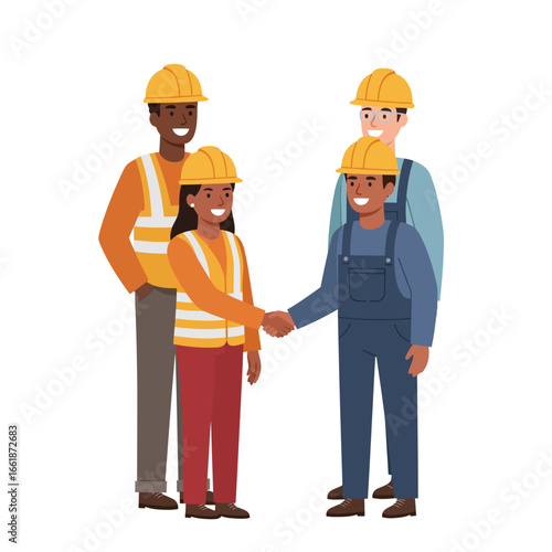 Diverse construction workers in hard hats shake hands, symbolizing successful partnership, teamwork, and a strong professional agreement on the job site.