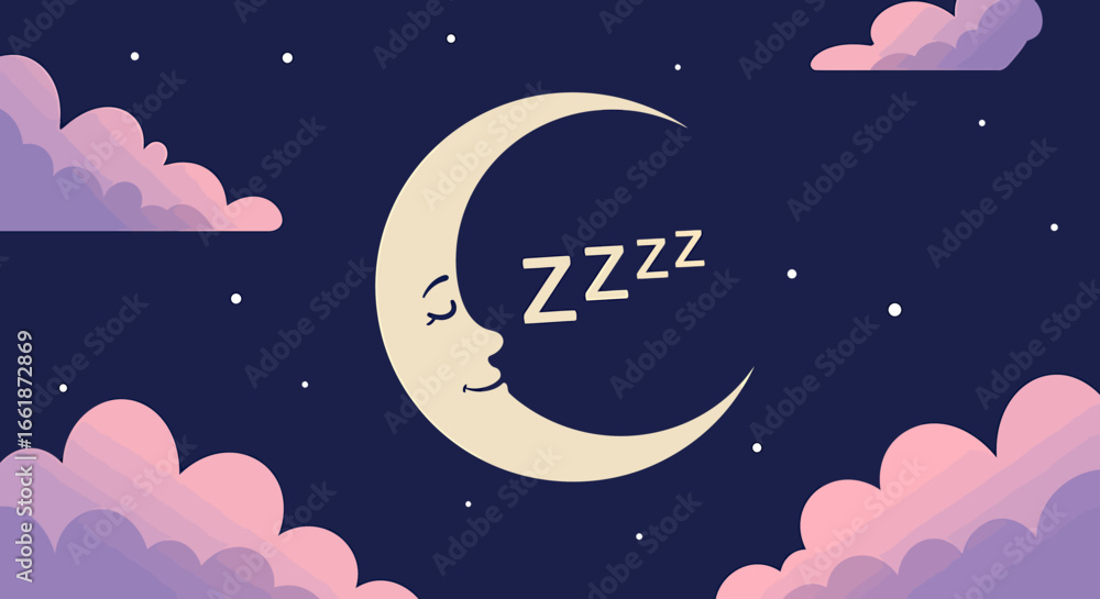 Fototapeta premium A serene crescent moon with a sleeping face, surrounded by fluffy clouds and twinkling stars, evoking tranquility