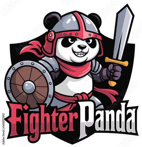 Cartoon panda warrior with sword and shield wearing armor and red scarf fighter
