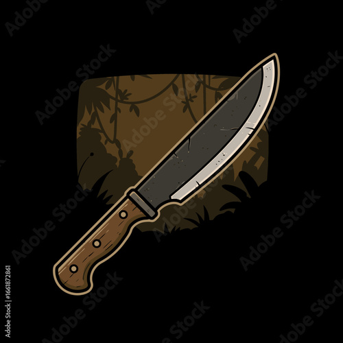 A rustic machete with a worn blade and wooden handle, set against a jungle backdrop with foliage