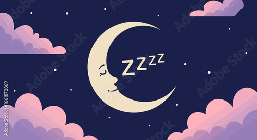 A serene crescent moon with a sleeping face, surrounded by fluffy clouds and twinkling stars, evoking tranquility