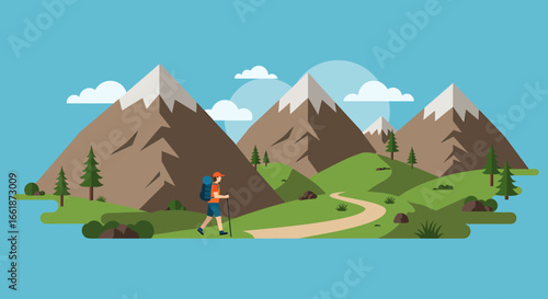 Hiker trekking through a scenic mountain landscape with lush greenery and clouds in the background
