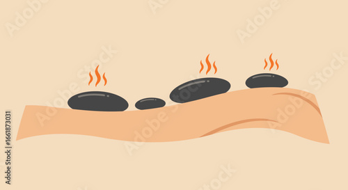 Hot stone therapy session with smooth black stones placed on a person's back for relaxation