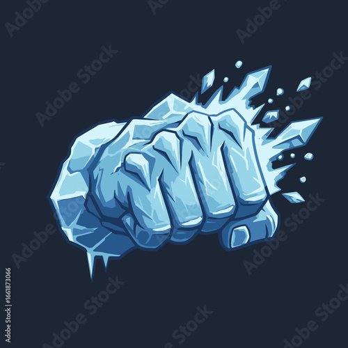 Ice-themed fist breaking through a dark background, symbolizing strength and determination