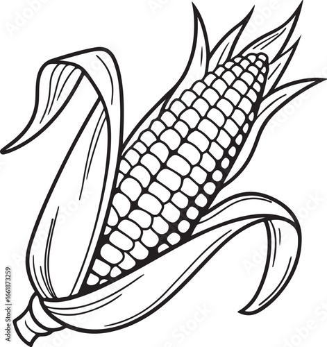 Vector art silhouette image of an ear of corn with a black outline drawing