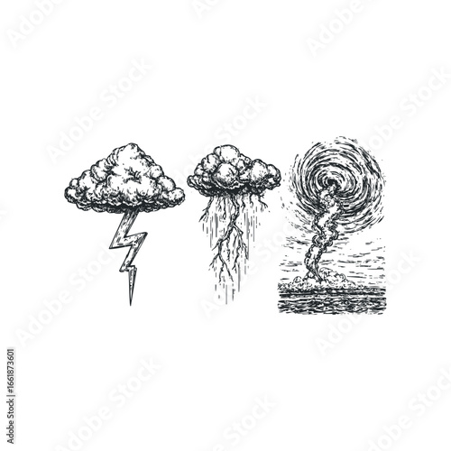 Three vintage storm drawings of lightning and twister over water