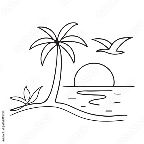 Beach Sunset with Palm Trees and Flying Birds – Minimalist Line Art for Summer and Nature Themes