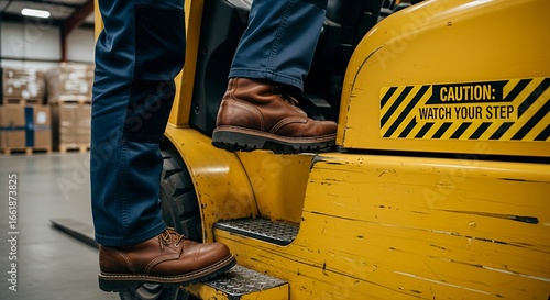 Warehouse Worker Safety Stepping Onto a Forklift