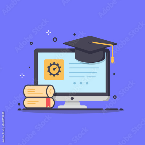 Illustration of a graduation cap on a computer screen with rolled diplomas, symbolizing online education