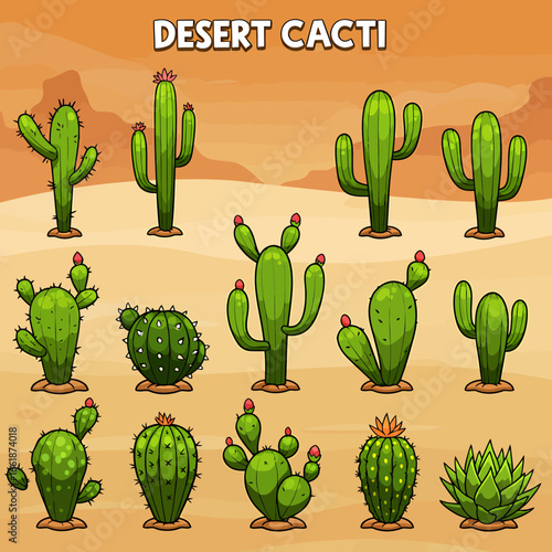 A vibrant illustration of various desert cacti species thriving in a sandy landscape under a sunset
