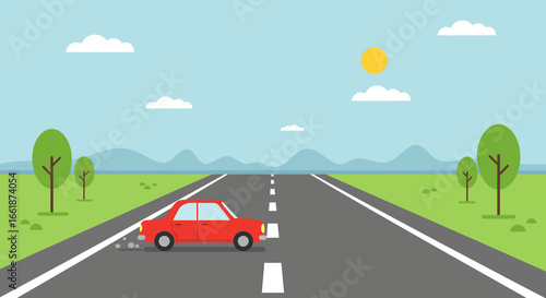 A vibrant red car driving on a sunny road with green trees and mountains in the background