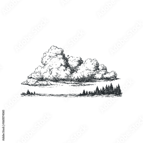 Pencil sketch of cumulus clouds over a forest landscape