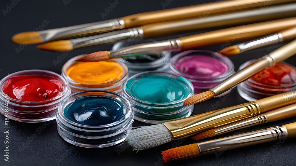 Obraz premium Assorted Paints and Brushes for Creative Art Projects on a Dark Background