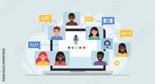 Illustration of diverse people engaged in a virtual meeting using a laptop with communication icons