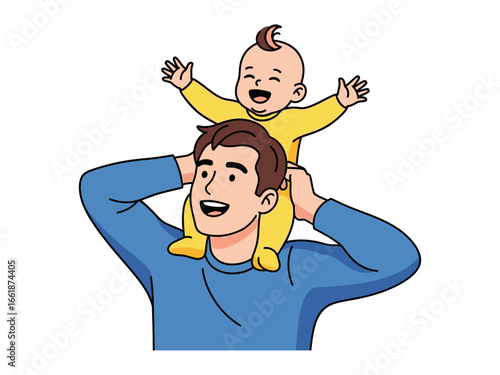 Father and Baby Joy: A tender illustration shows a happy baby riding on his father's shoulders, celebrating the joyful bond and heartwarming moments of a father-child relationship.