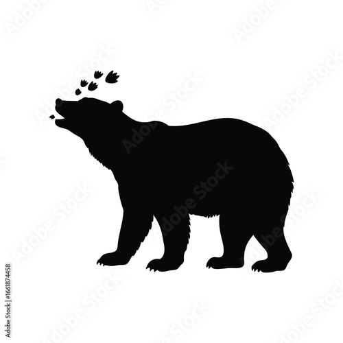 Silhouette of a bear with floating leaves in black and white design, bear sniffing the air silhouette vector illustration