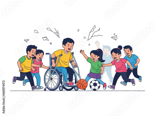 Inclusive Play: A vibrant illustration captures a group of children of diverse abilities joyfully engaging in sport, highlighting inclusivity and the unifying power of play.