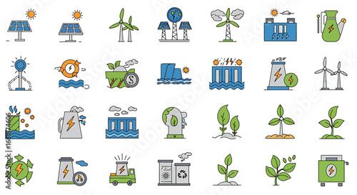 Illustrative icons of renewable energy sources including solar panels, wind turbines, and water energy