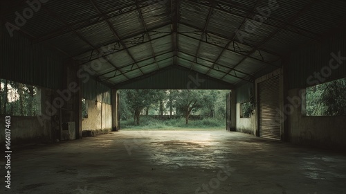 Abandoned warehouse interior with lush greenery visible through open entryway, evoking a sense of mystery.
