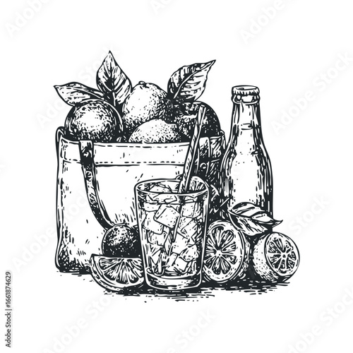 Fresh Citrus Fruits in Bag with Iced Drink and Bottle