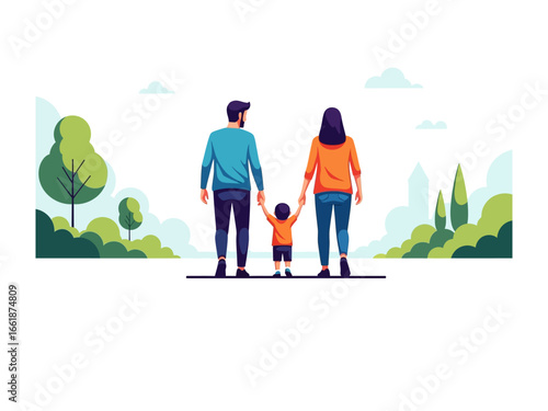 Family Stroll in the Park: A heartwarming depiction of a family enjoying a leisurely stroll through a park on a beautiful day, embodying togetherness and the simplicity of shared moments. 